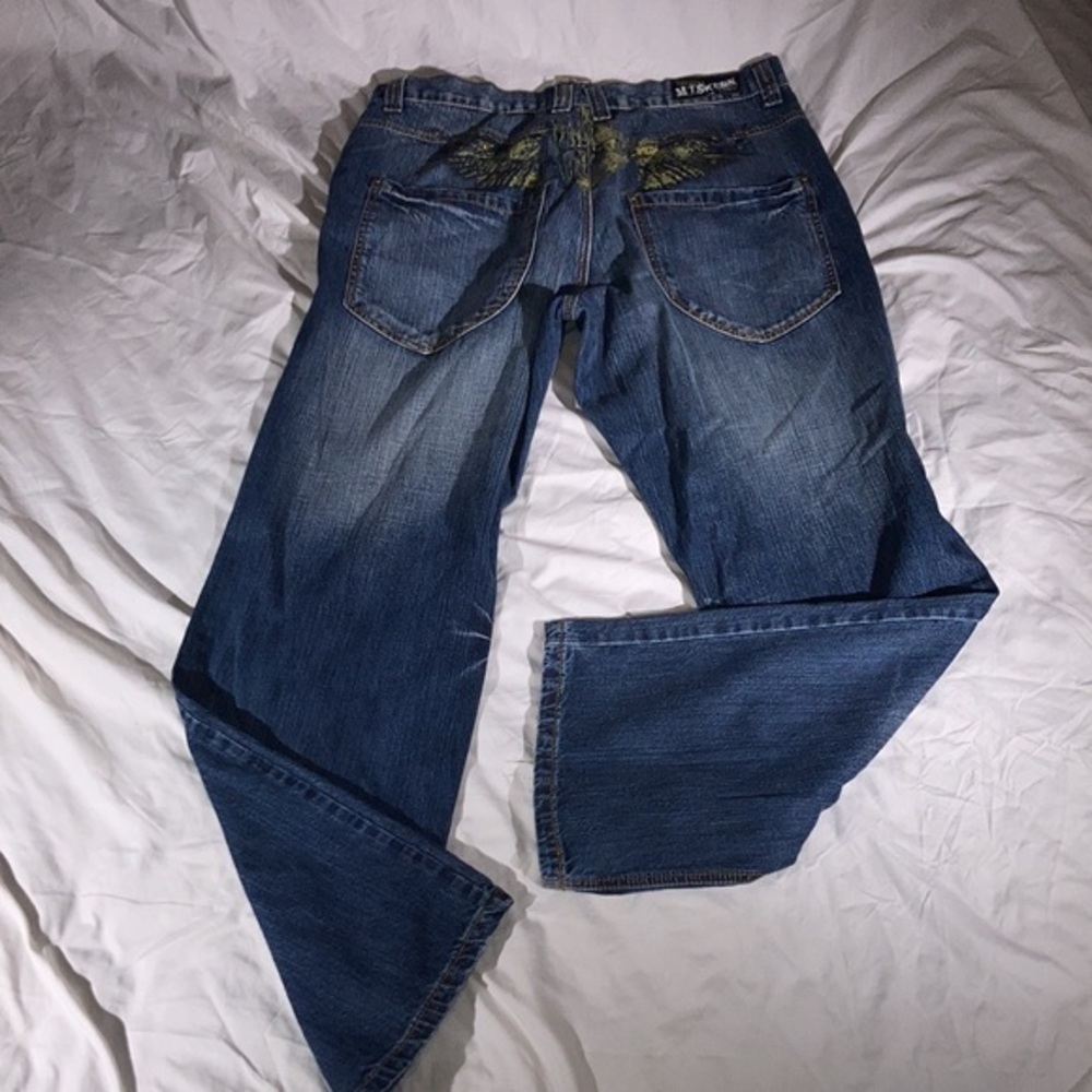 Miskeen Men’s Studded and Faded Golden Painted Bird Pheonix Rizing Blue Jeans